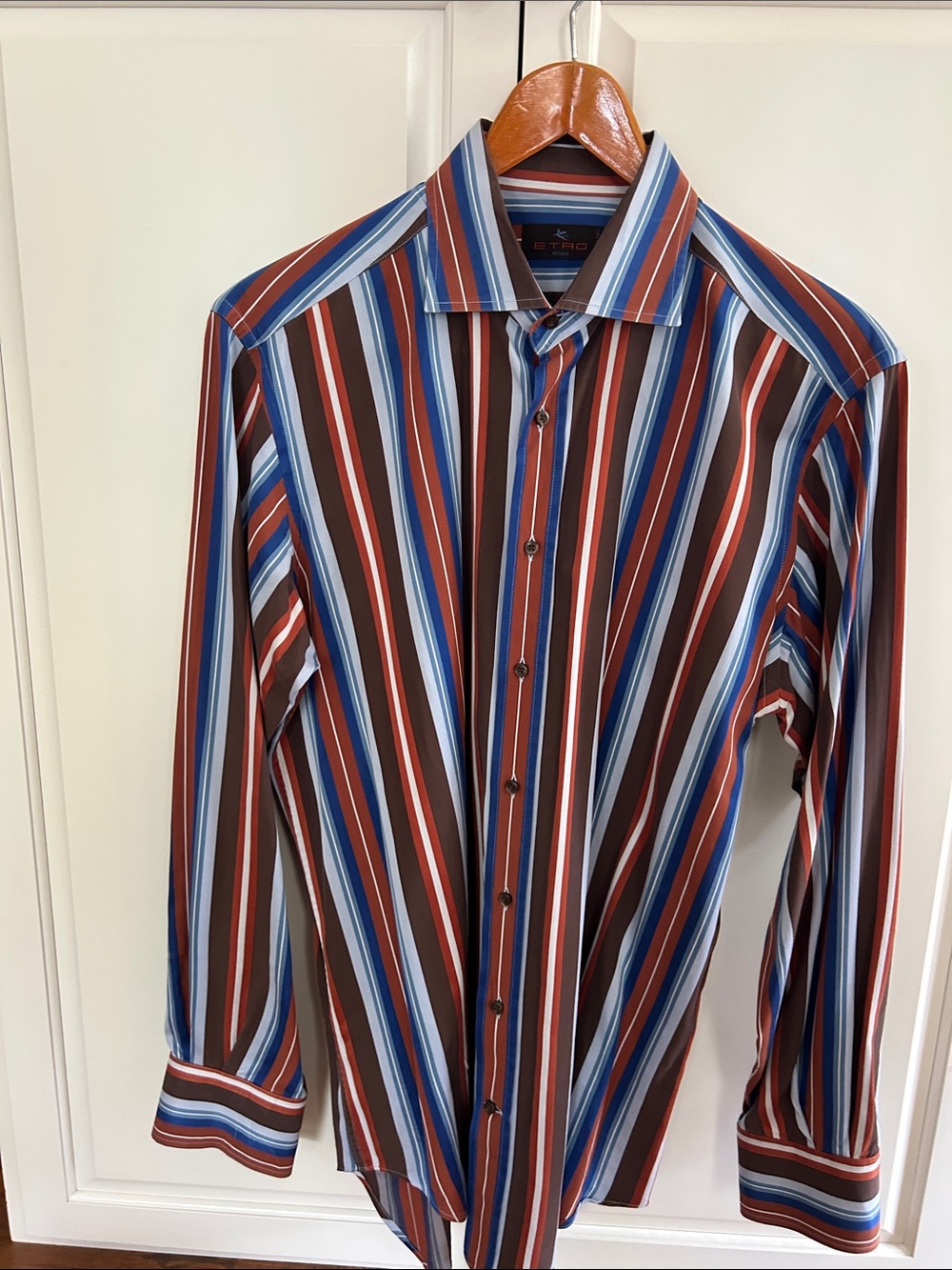 Etro Men's Multi-Stripe Dress Shirt in Brown, Blue & White